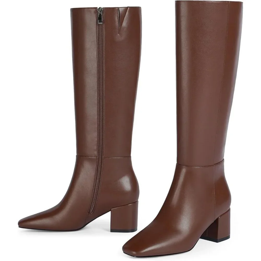 Women's Brown Knee High Boots Square Toe Tall Chunky Heel Rubber